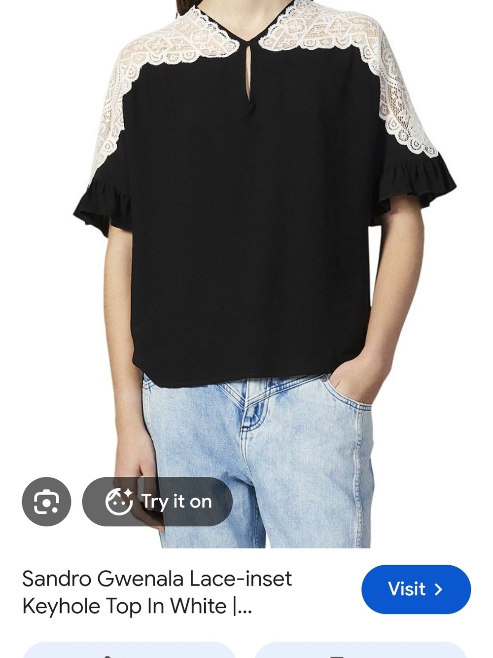 Sandro Gwenala Black Blouse with White Lace Yoke Key Hole Top